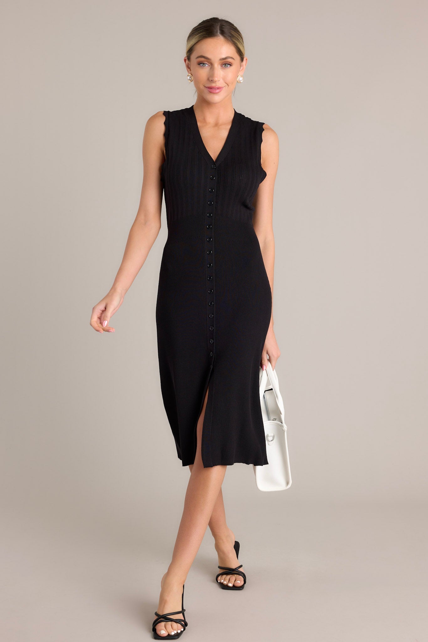 Moonlight Whisper Black Button Front Midi Dress