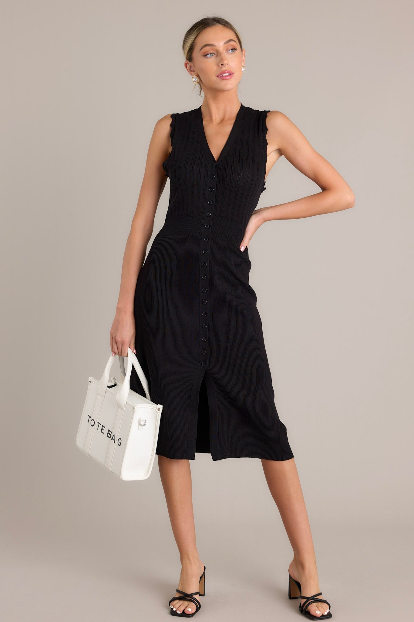 Moonlight Whisper Black Button Front Midi Dress
