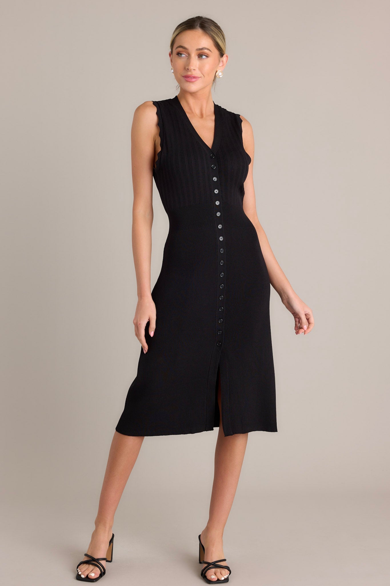 Moonlight Whisper Black Button Front Midi Dress
