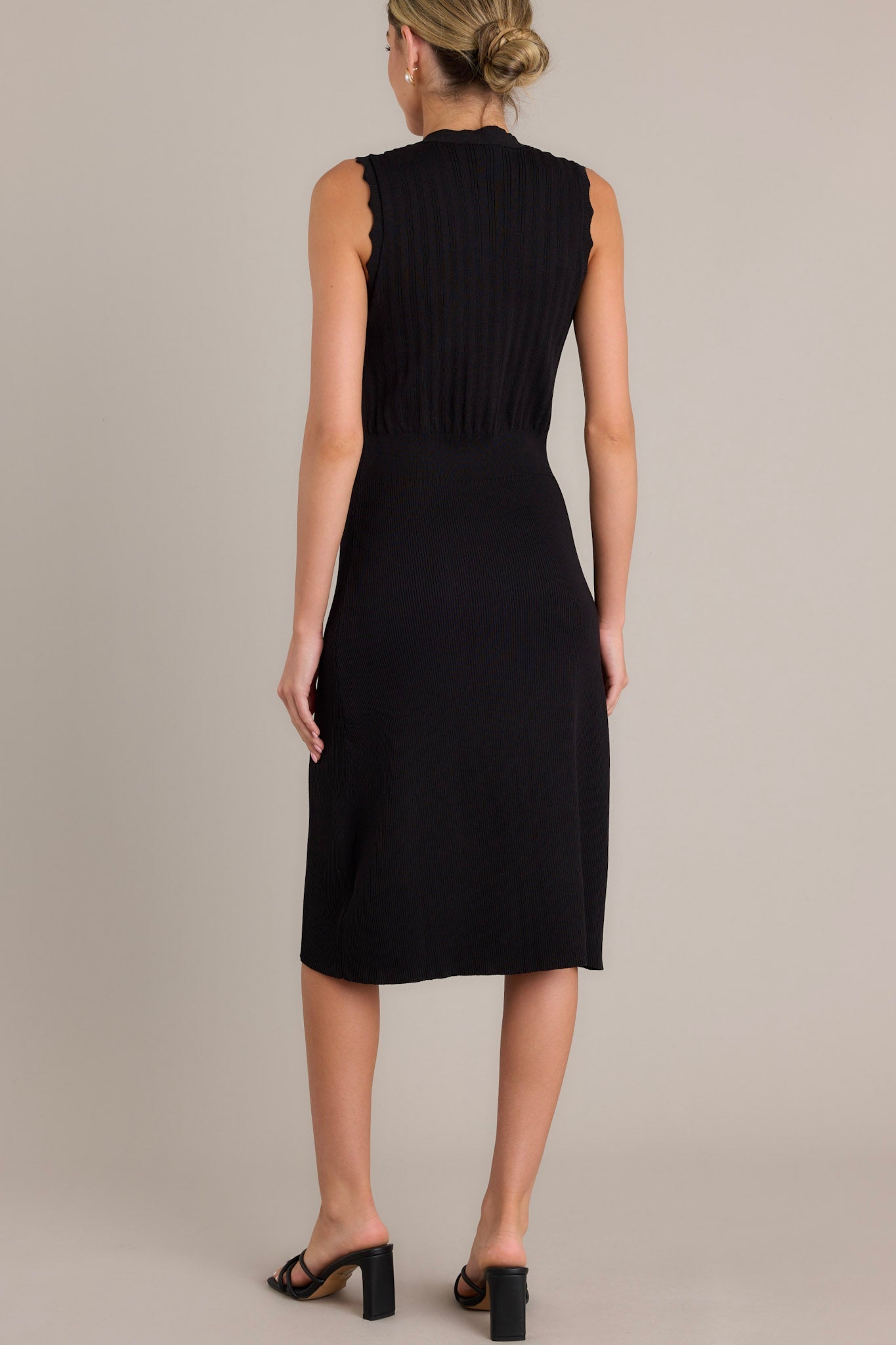 Moonlight Whisper Black Button Front Midi Dress