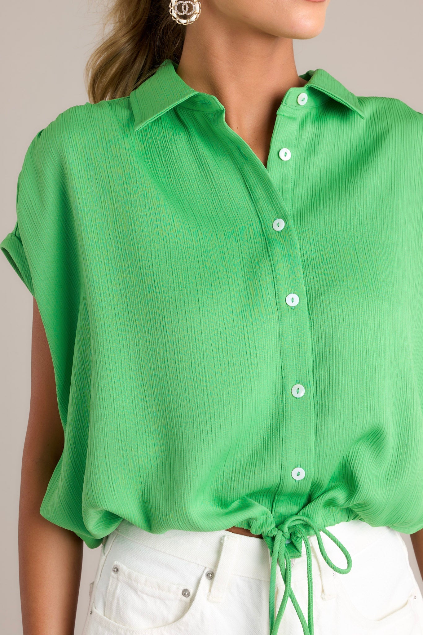 Pure Serenity Green Button Front Drawstring Top
