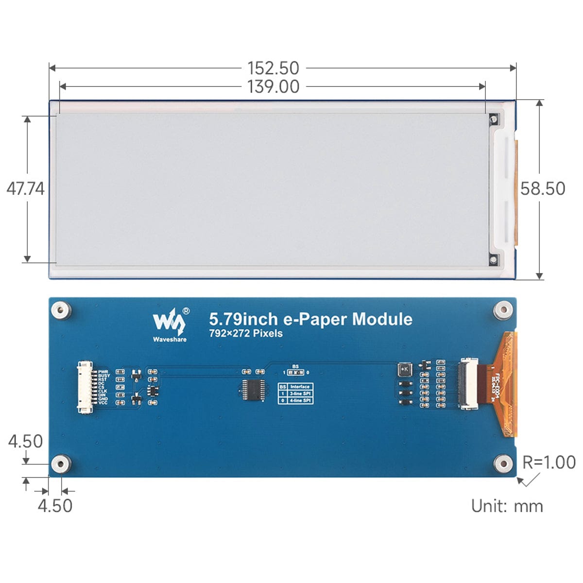 5.79" E-Paper Display Module (Black/White) (792 x 272)