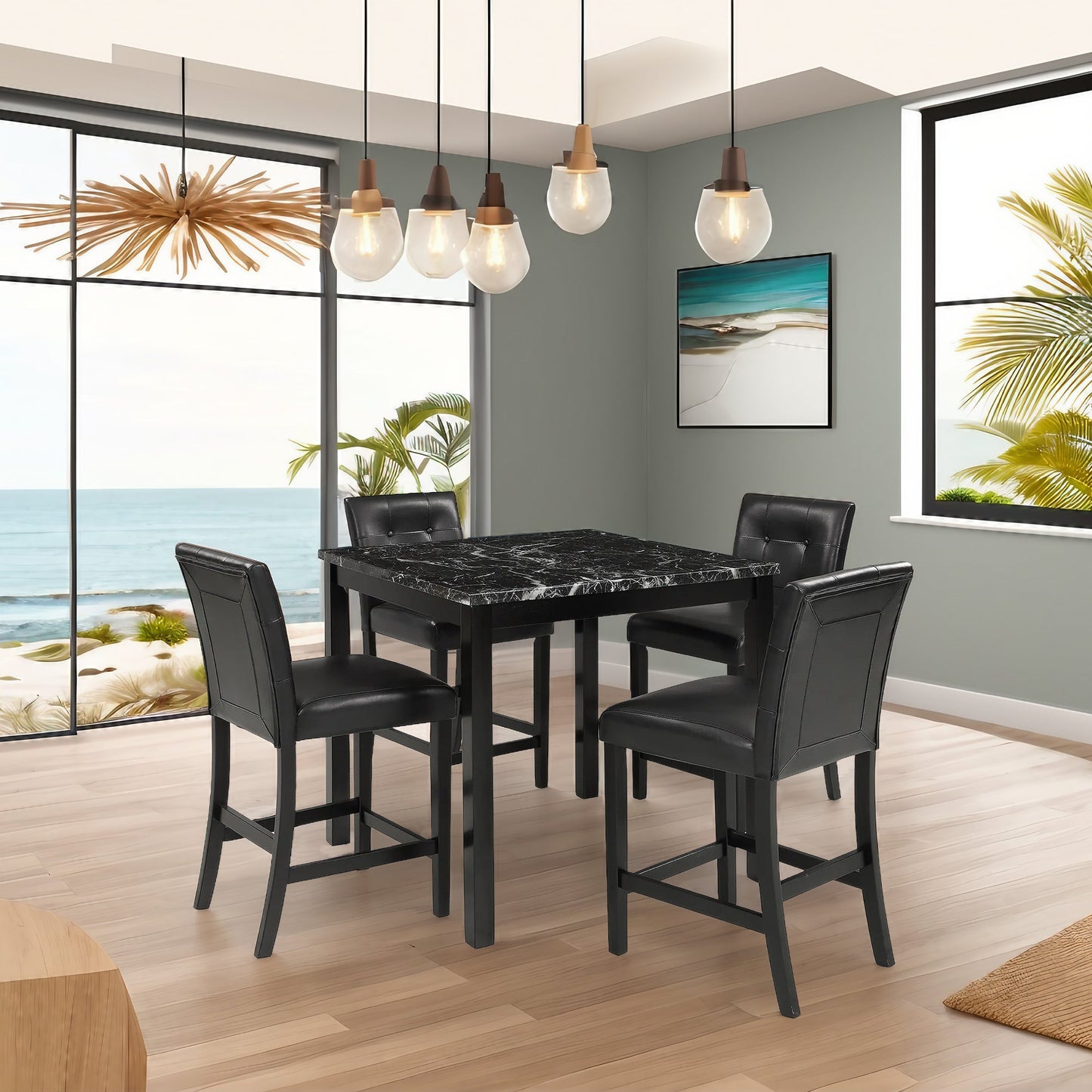 5 Piece Dining Table Set with 4 Leather Upholstered Chairs