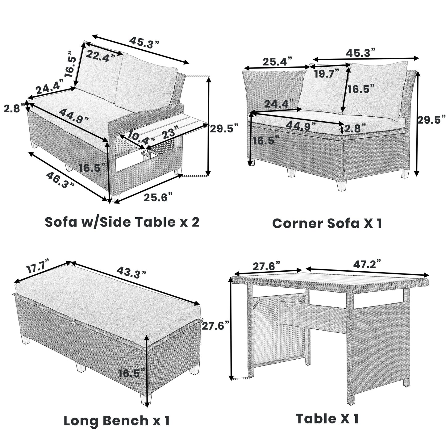 5-Piece Outdoor Sectional Sofa Set with 2 Extendable Side Tables