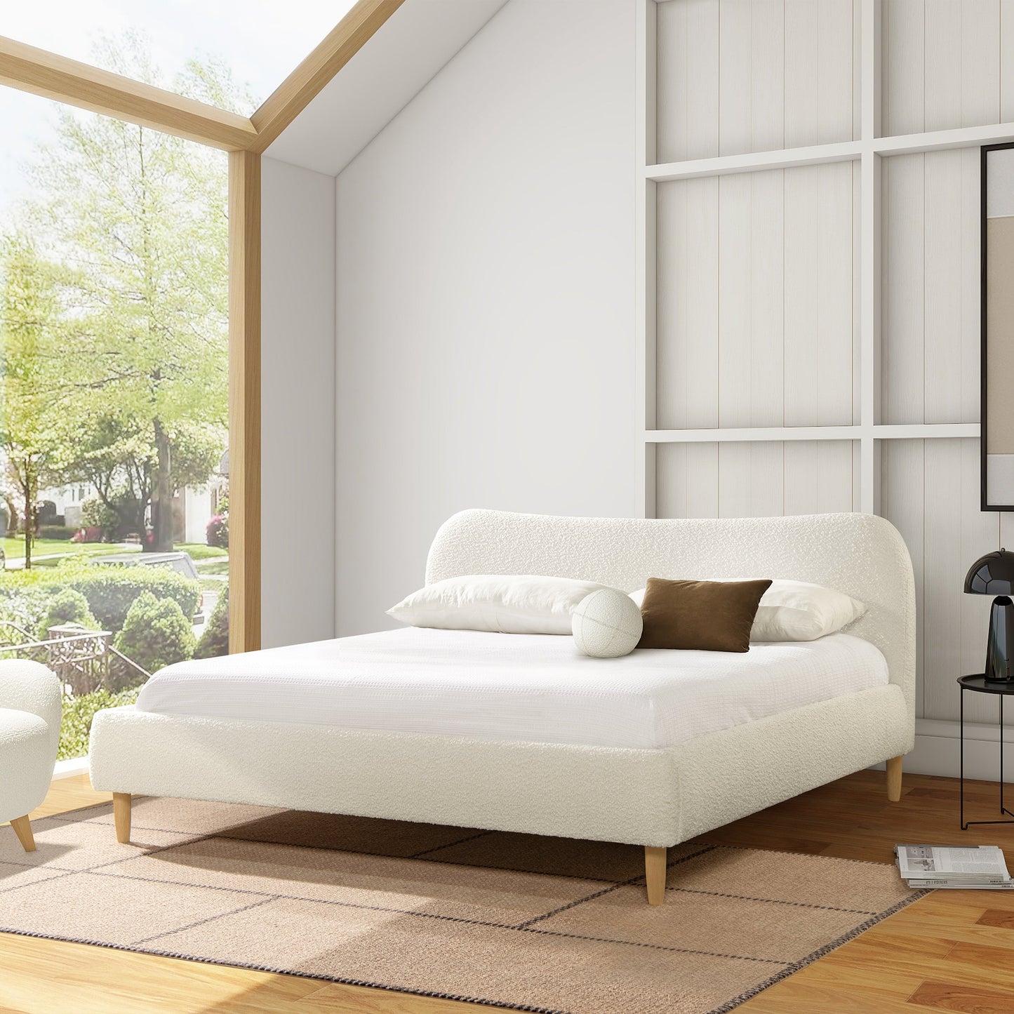 Enchantr Upholstered Platform Bed with Curved Headboard and Wood Frame