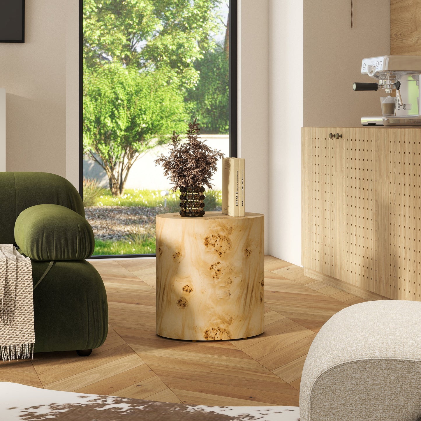 Burled Wood Oval Side Table with Wood Frame
