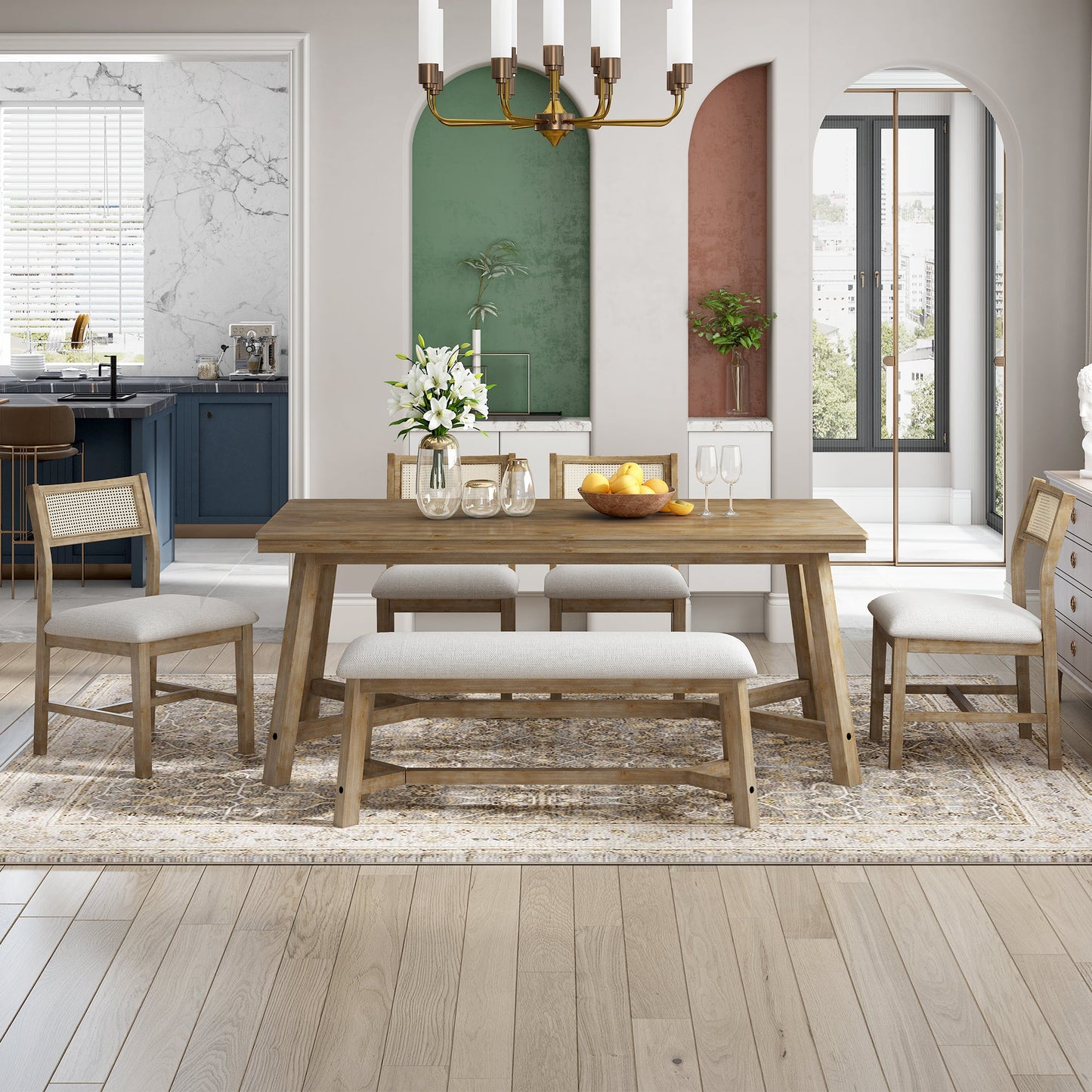 6-Piece Dining Set with Rectangular Table and 4 Upholstered Chairs