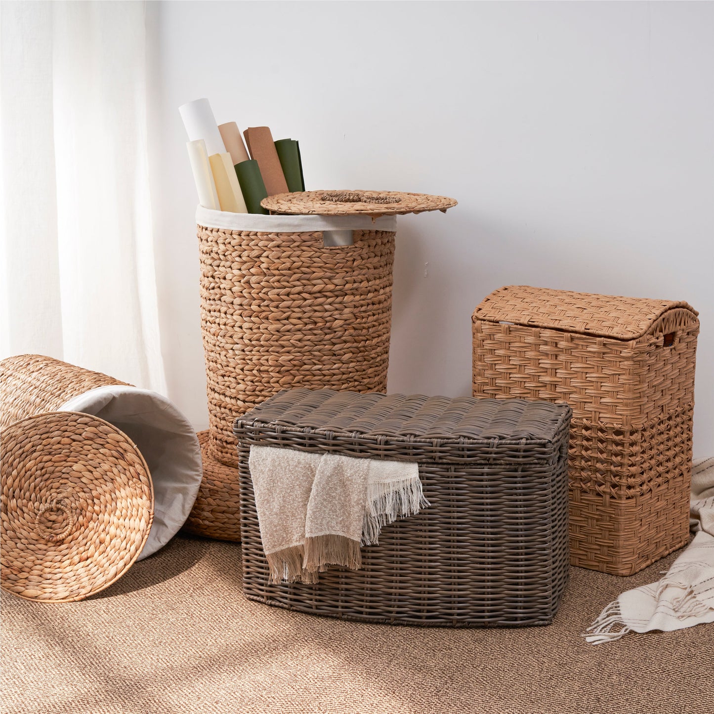 Rectangular Woven Wicker Storage Basket with Handles