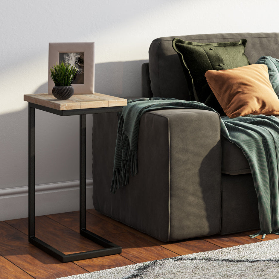 Haloed Side Table with C-Shaped Design and Metal Frame