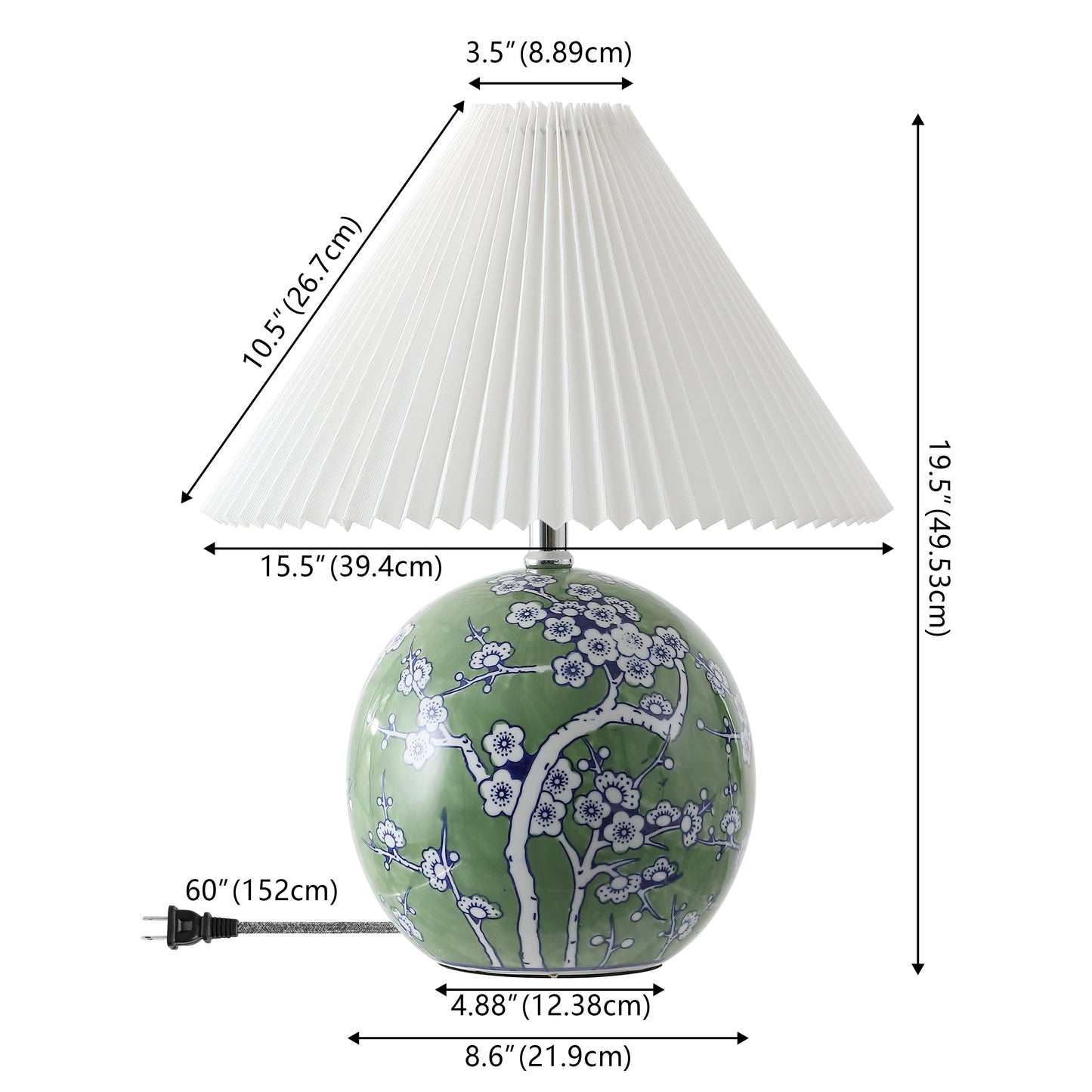 Shishen Cottage Classic Chinoiserie Ceramic Orb LED Table Lamp with Pleated Shade