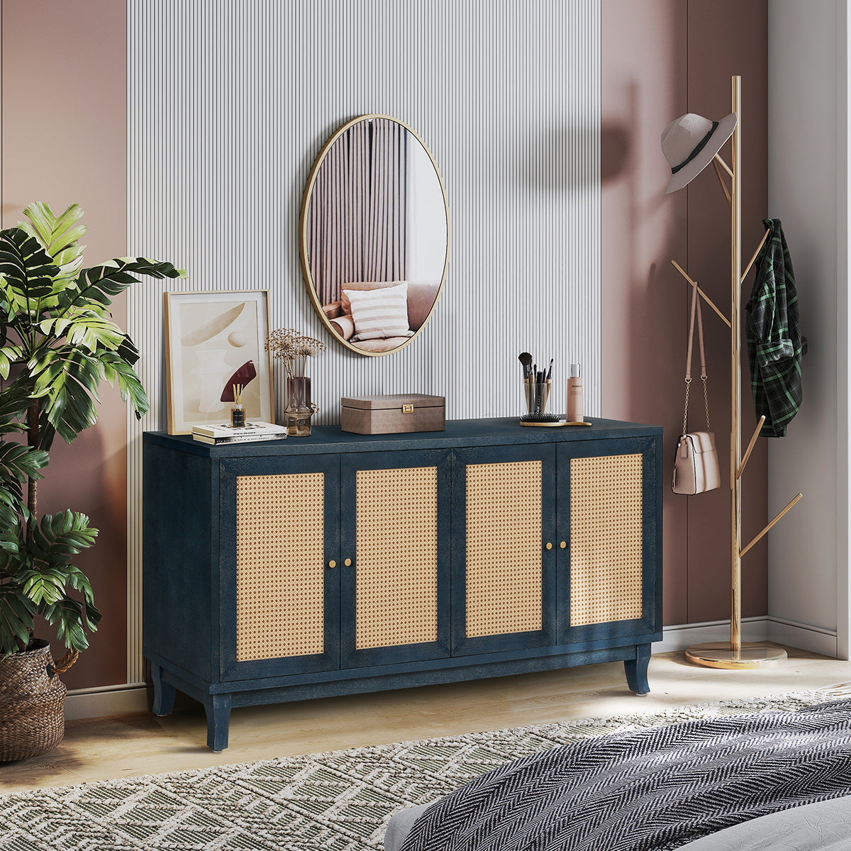 Sideboard with 4 Rattan Doors and Adjustable Shelves, Navy Blue