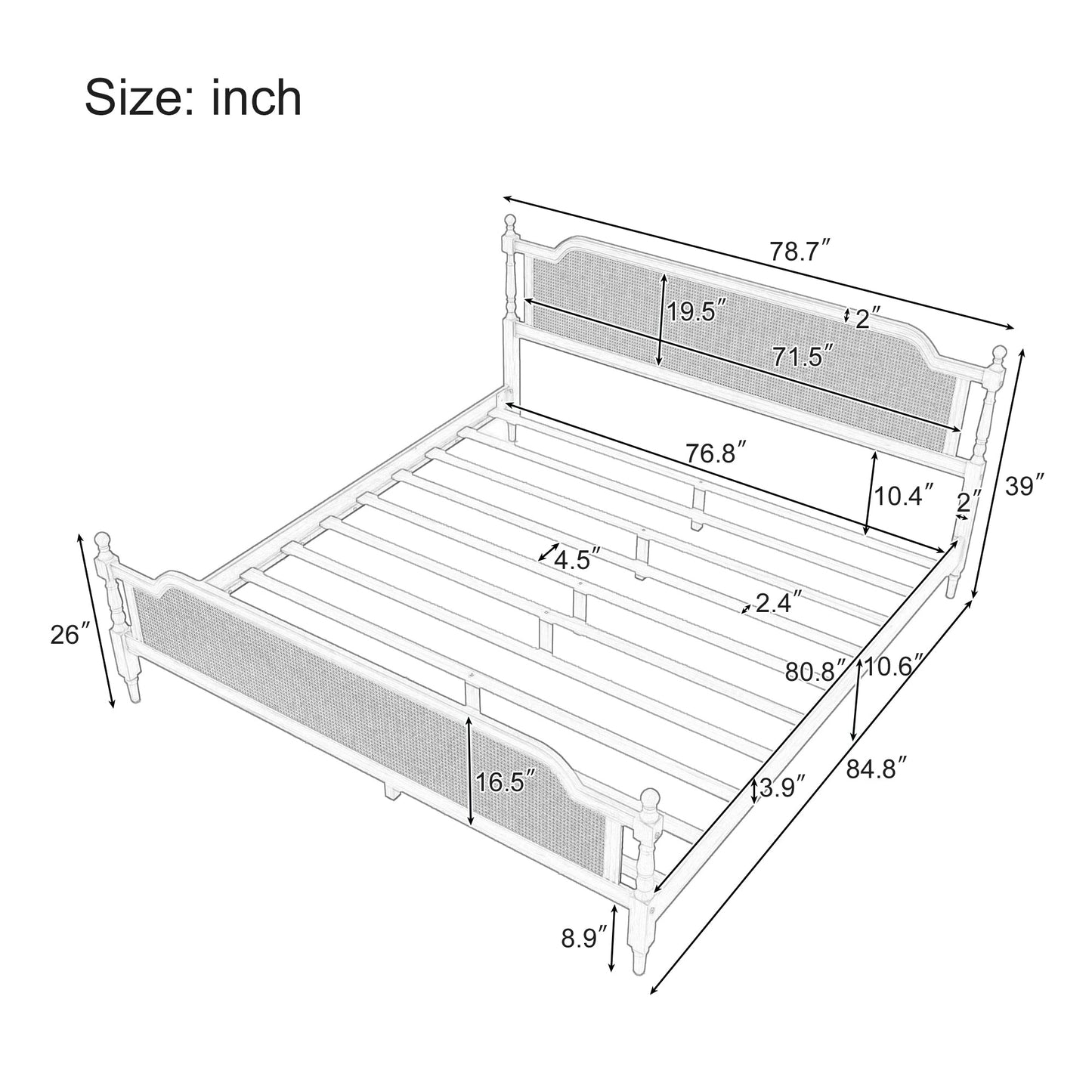 Excelsis Rattan Bed Frame with Fluted Legs, Antique Walnut