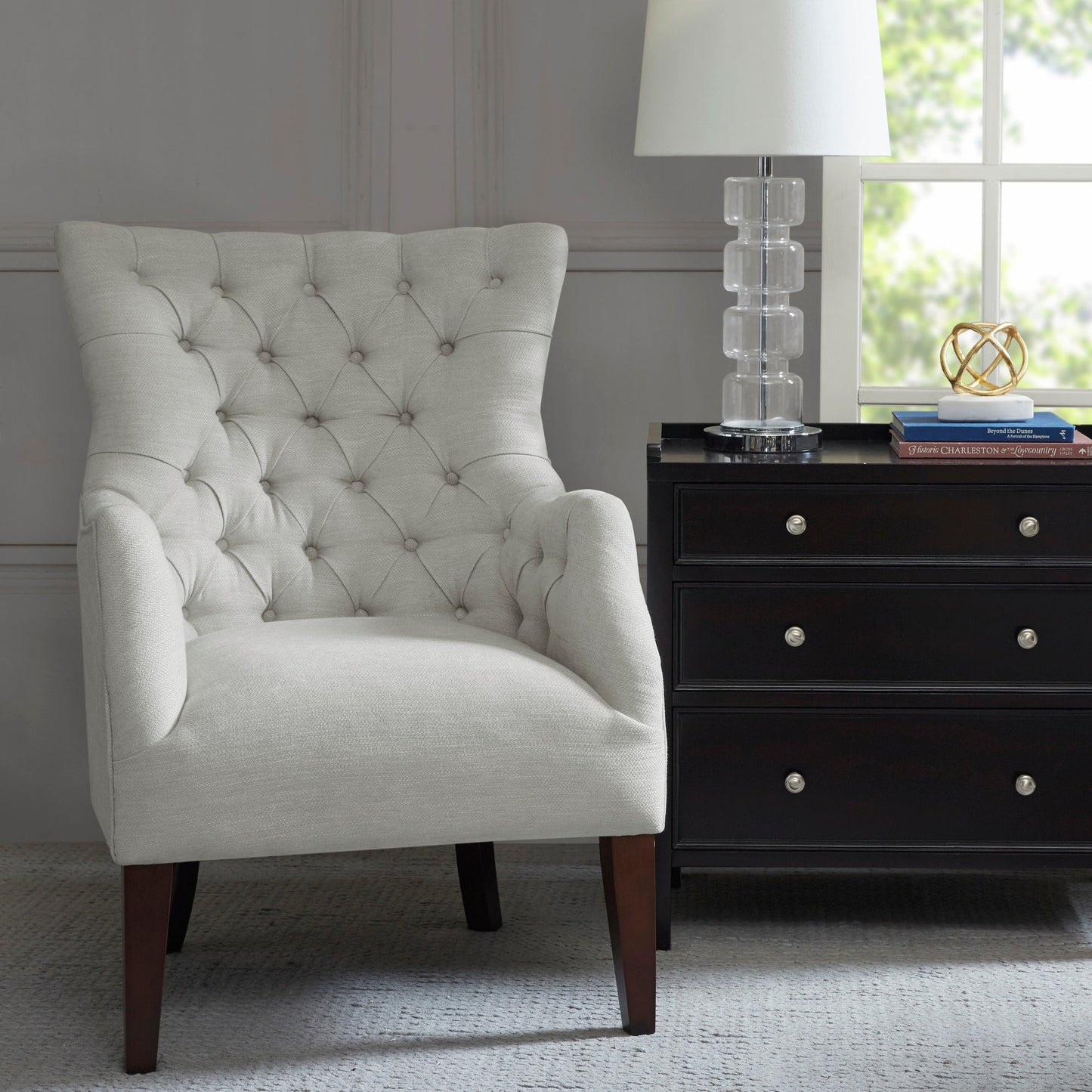 Button Tufted Upholstered Wing Chair with Solid Wood Frame