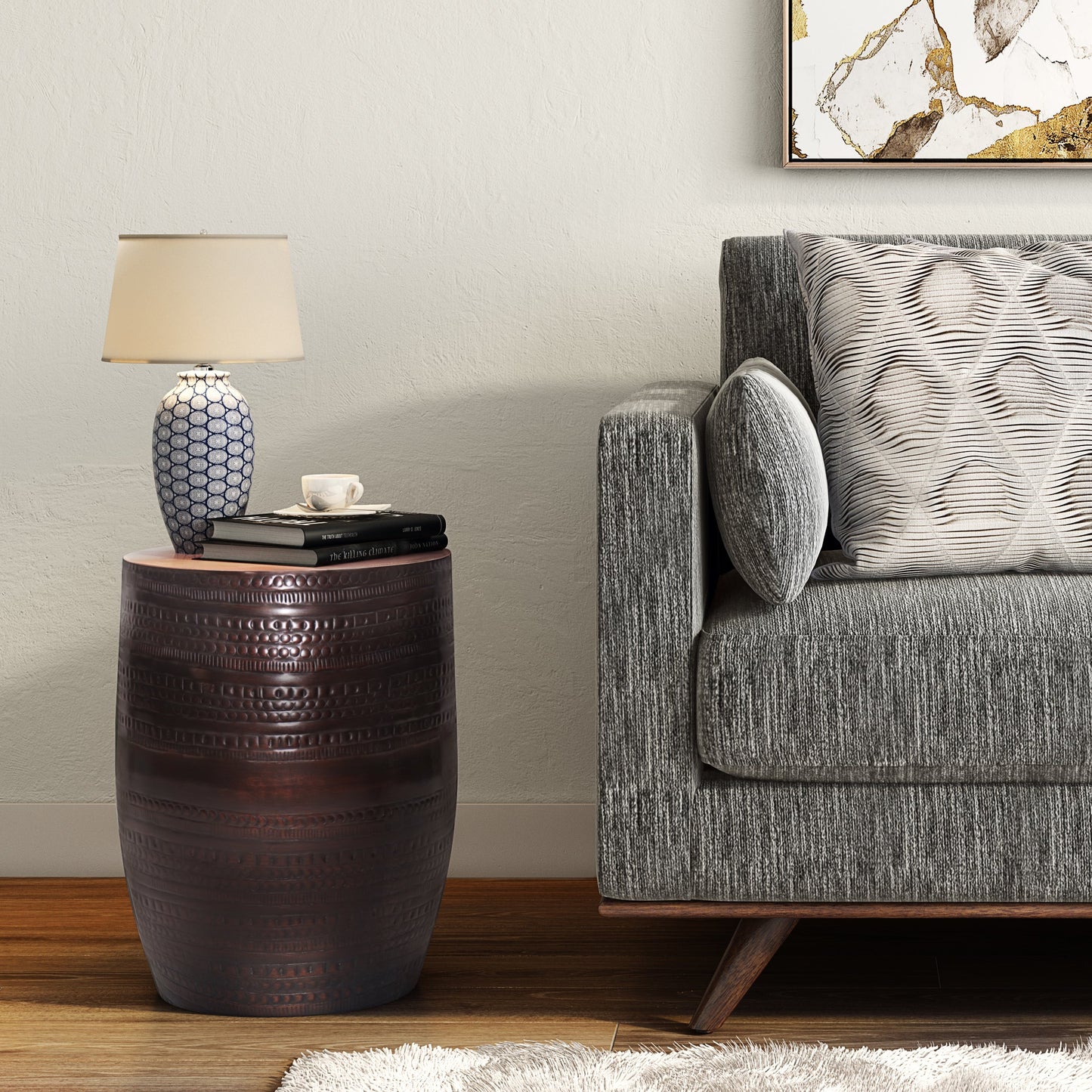 Heights Solid Metal Drum-Shaped Accent Table with Distinctive Texture