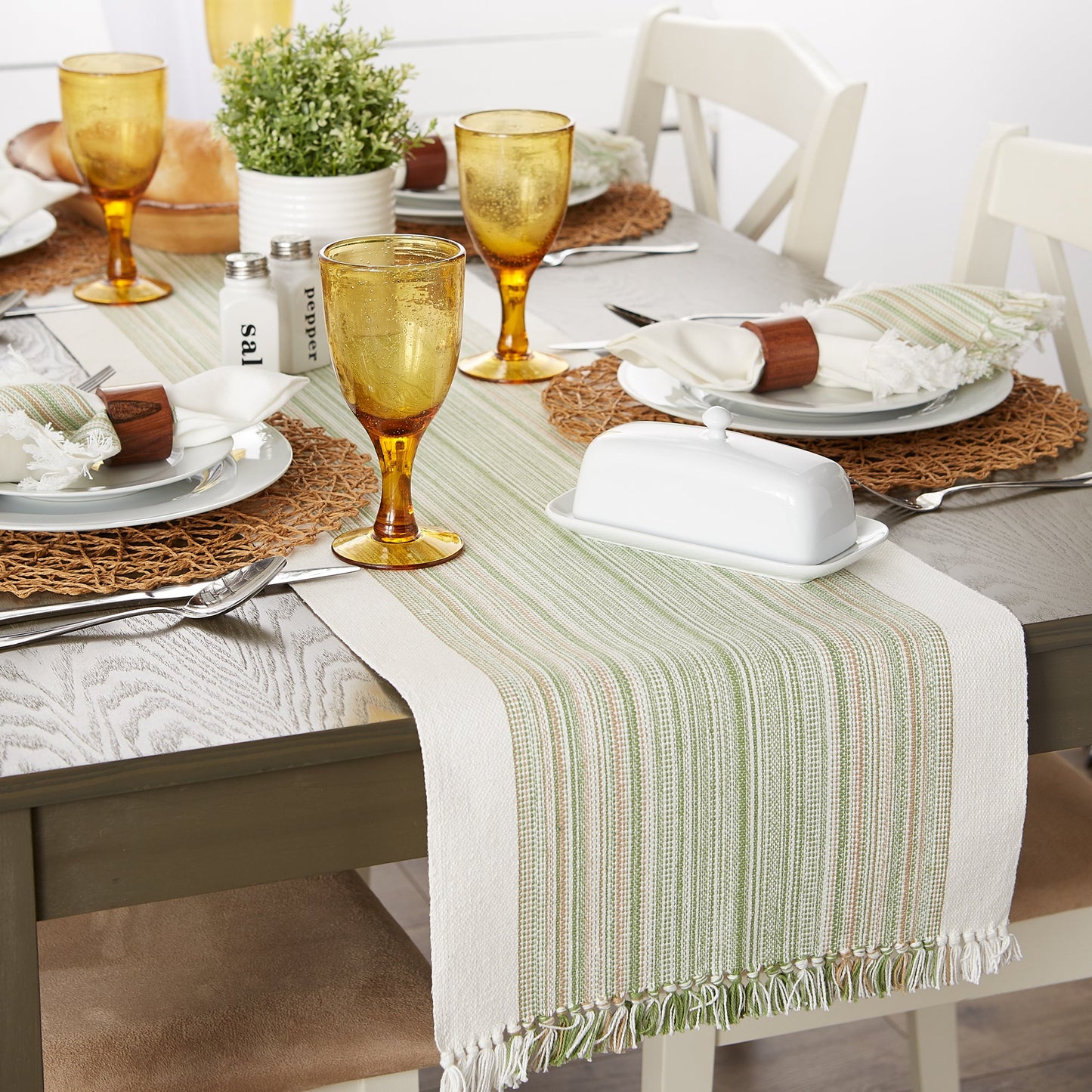 Thyme Striped Fringe Ribbed Table Runner 14X108