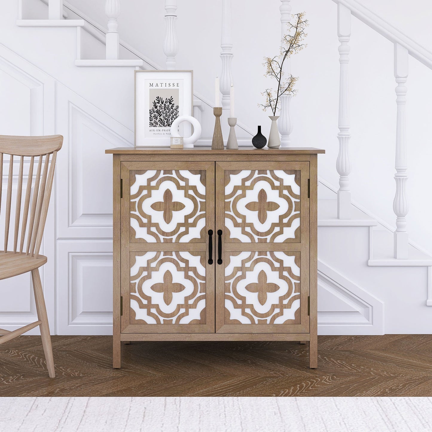 Hand-Carved 2 Doors Accent Cabinet with Shelves and Metal Handle
