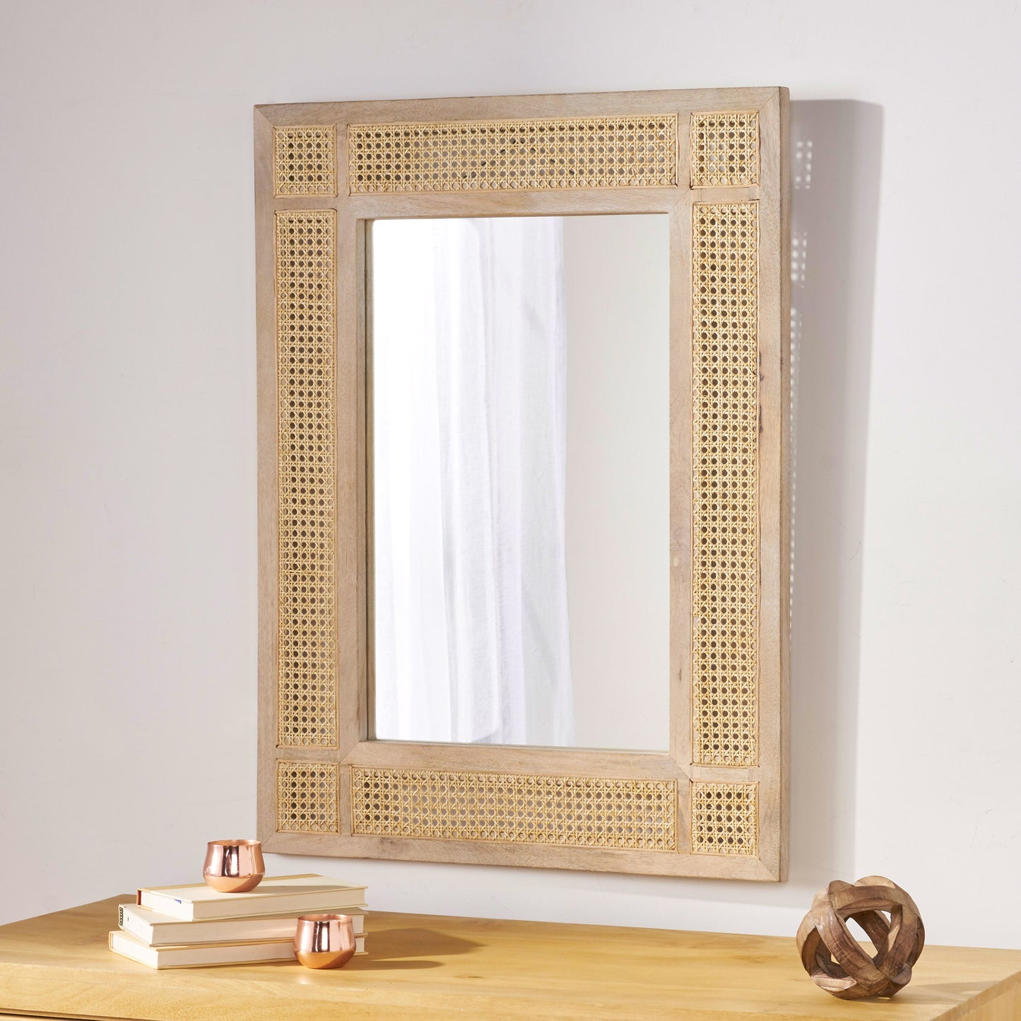 Wall Mirror with Mango Wood Frame and Wicker Border