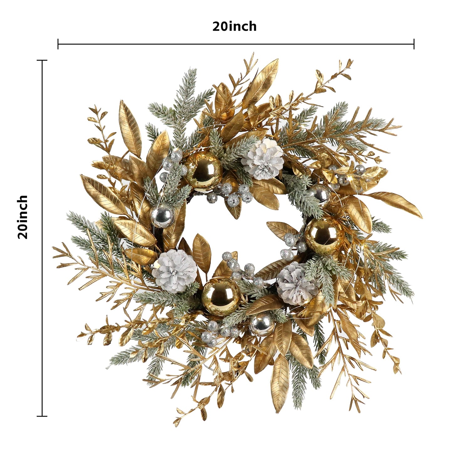 Slenix 20-inch Christmas Wreath, Christmas Door Decorations Wreath with Warm Lights