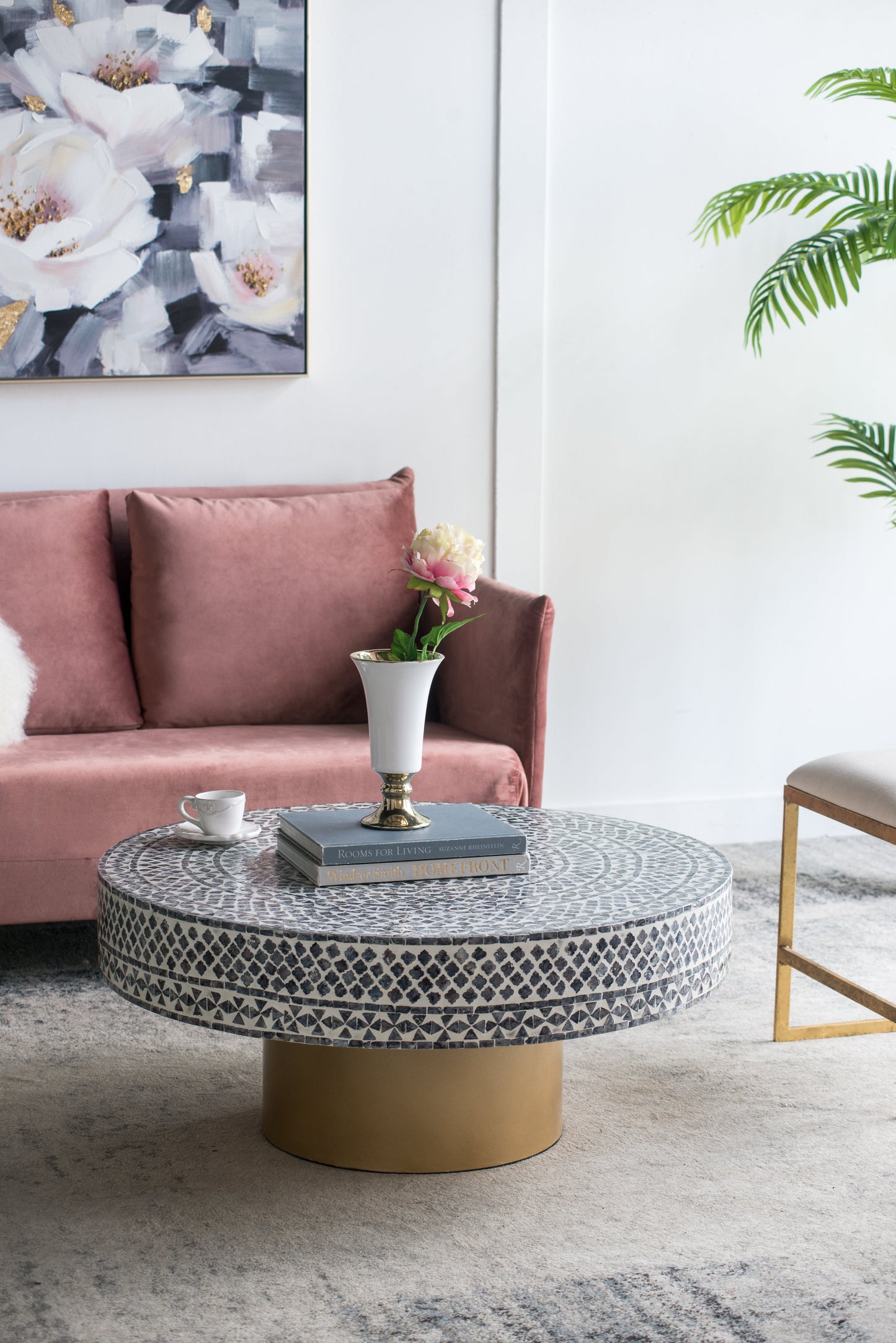 Alacrits Round Coffee Table with Capiz Design and Pedestal Base