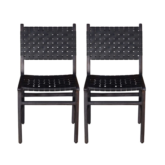 Genuine Leather Woven Dining Chair with Open Back, Set of 2