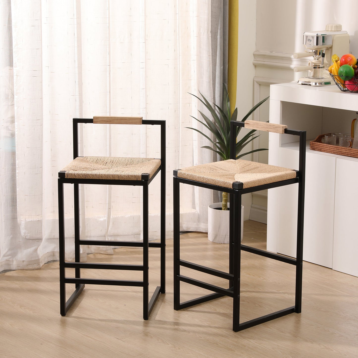 Rope Woven Bar Stool with Low Back and Metal Base, Set of 2