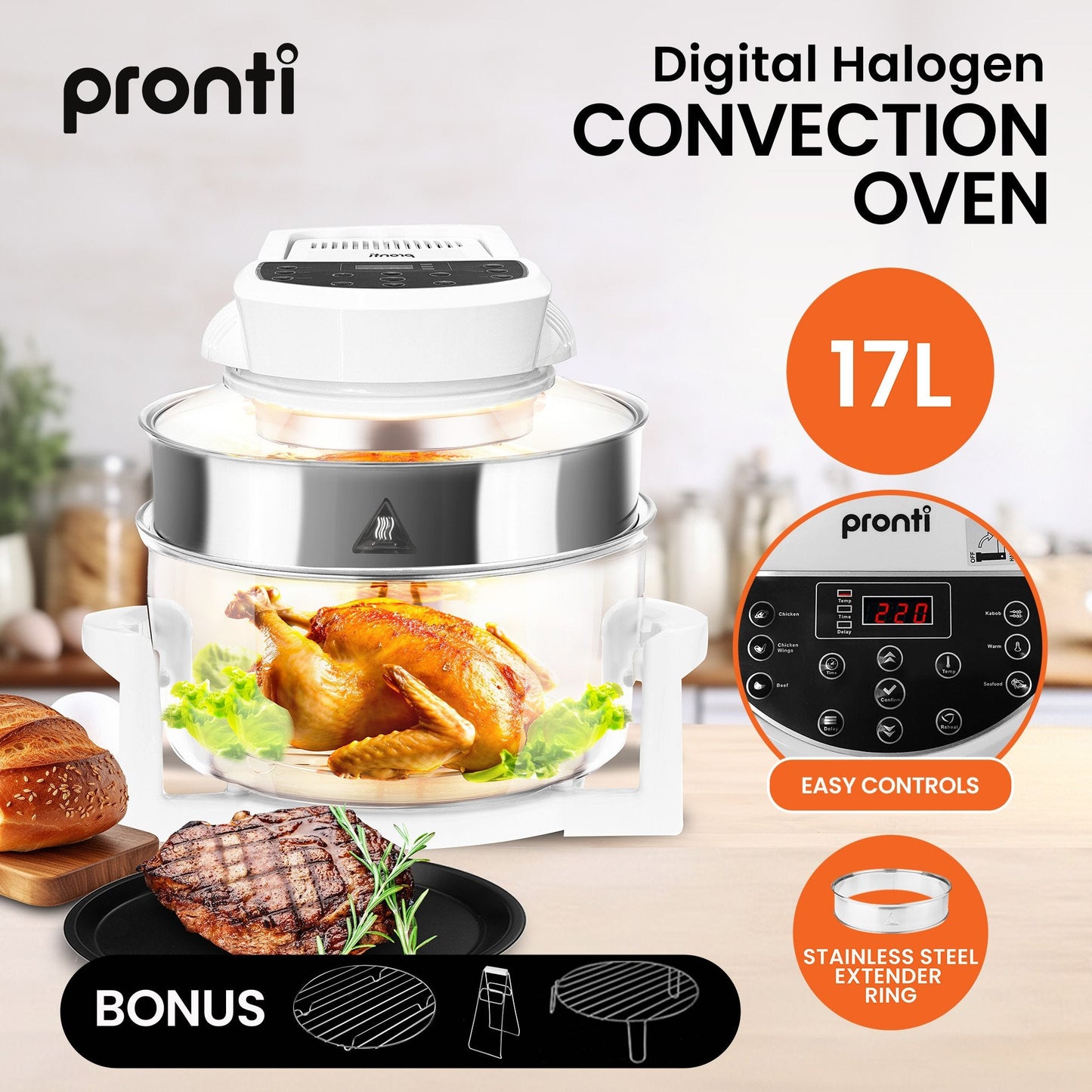 Pronti 17L Digital Convection Oven Broiler Cooker (White)