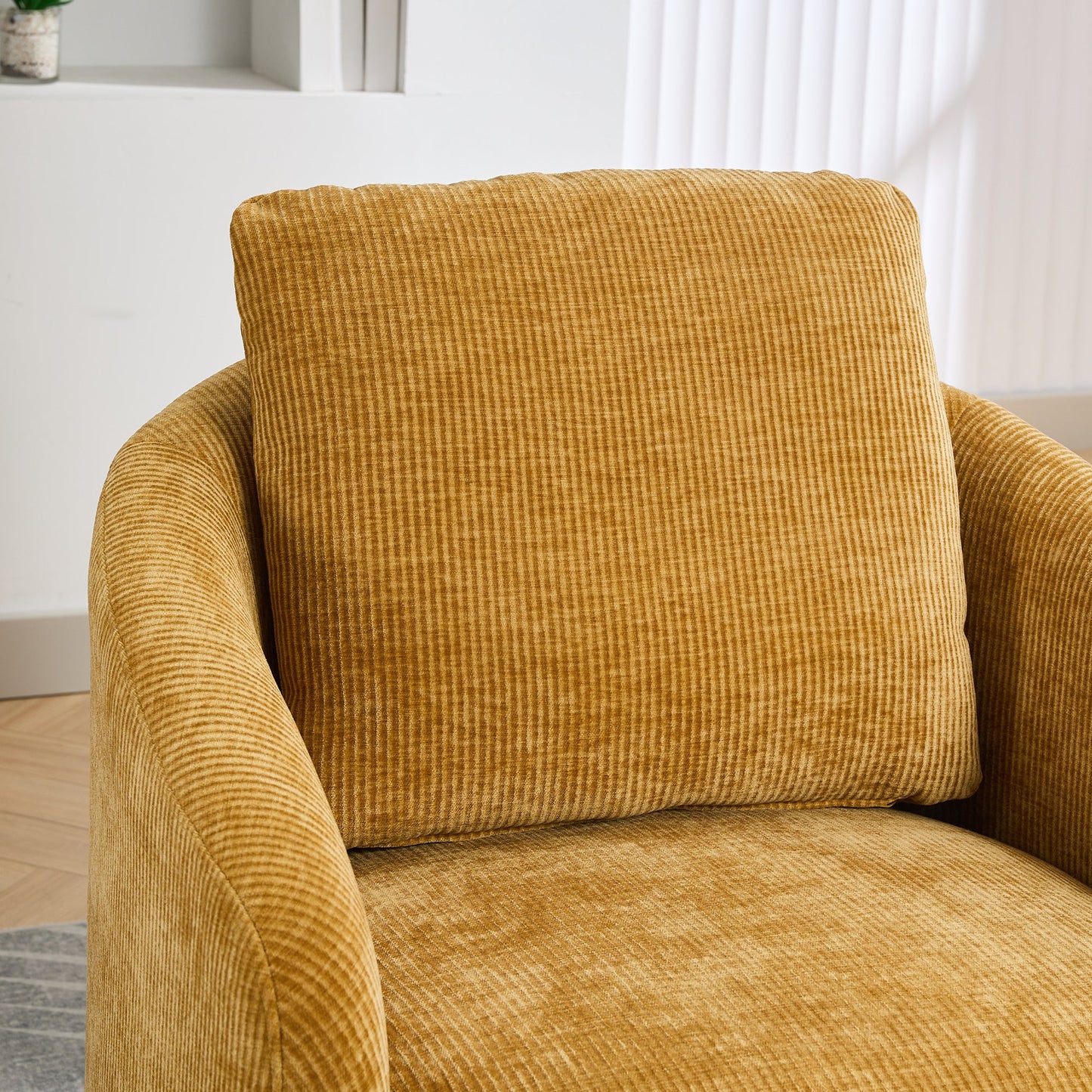 Actuator Upholstered Barrel Chair with 360-Degree Swivel Base and Curved Arms