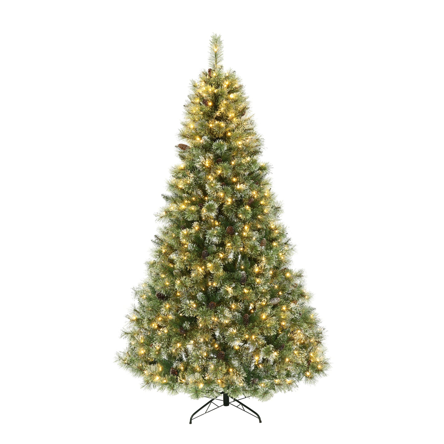Meris 7.5 ft Brilste Mixed Hinged Christmas Tree with Snow, Glitter, 86 Frosted Pine Cones and 750 Clear LED Lights