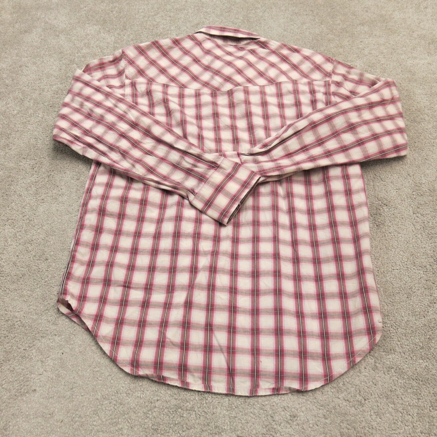 Wrangler Mens Button Up Shirt Plaid Pockets Long Sleeve Pink White Size Medium