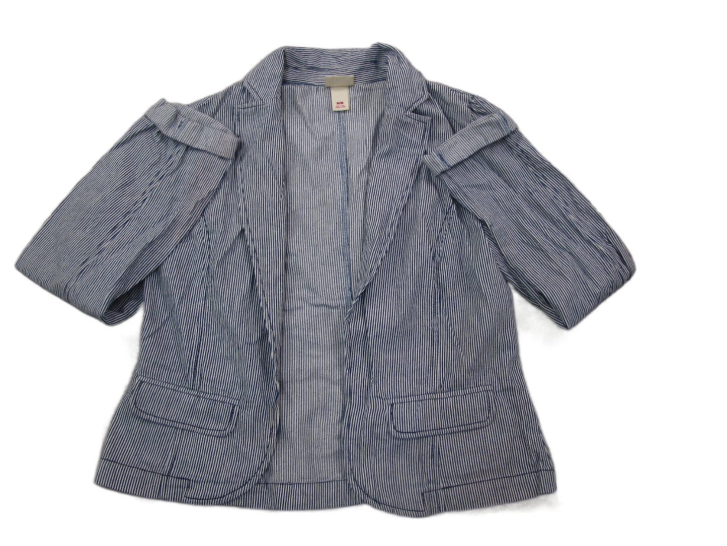 Mossimo Womens Blazer Coat Pin Striped Long Sleeves Pockets Blue White SZ Medium