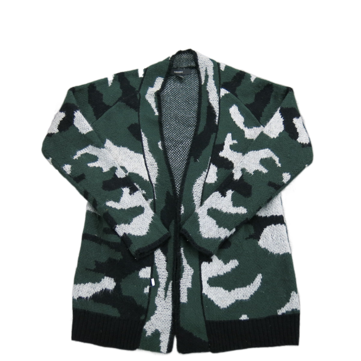 Forever 21 Womens Cardigan Sweater camouflage Knitted Long Sleeve Green White S