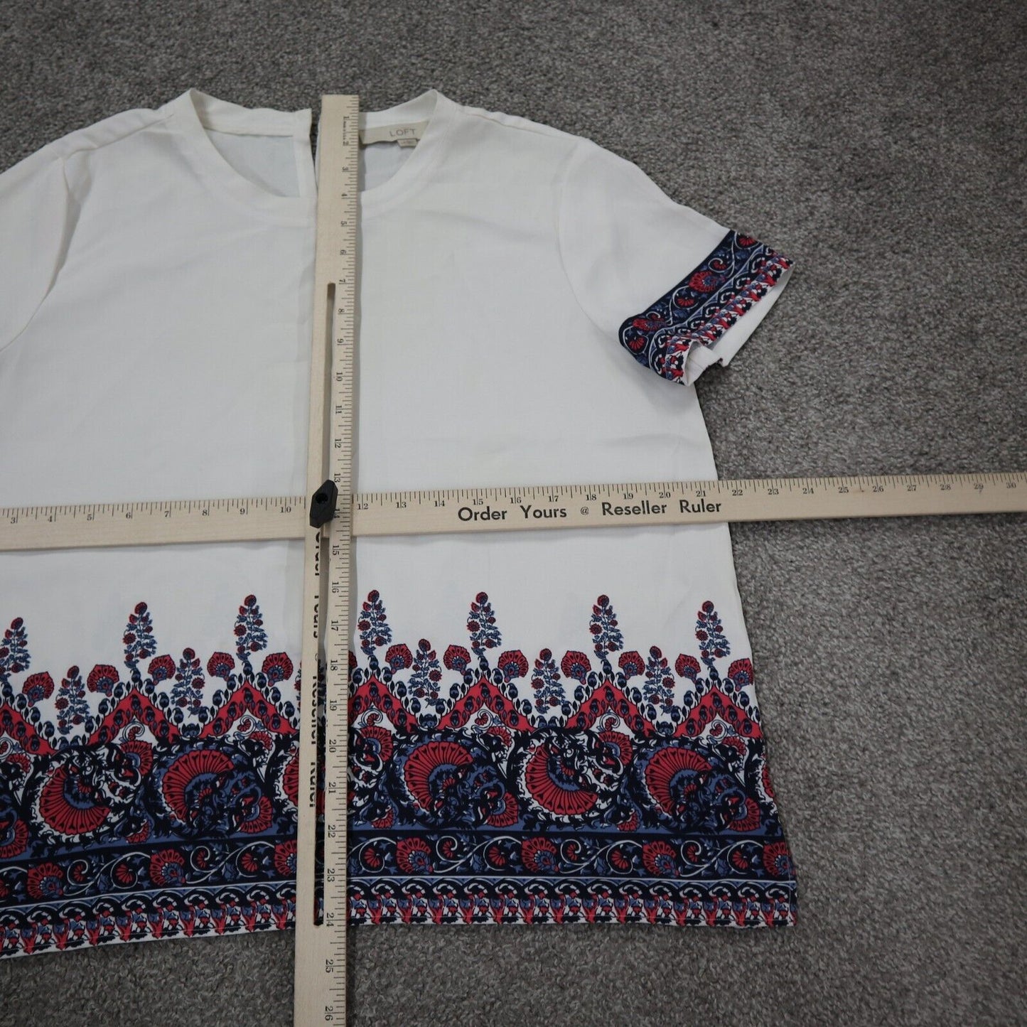 Loft Womens Blouse Top Crew Neck Floral Hem Short Sleeve White Size Large