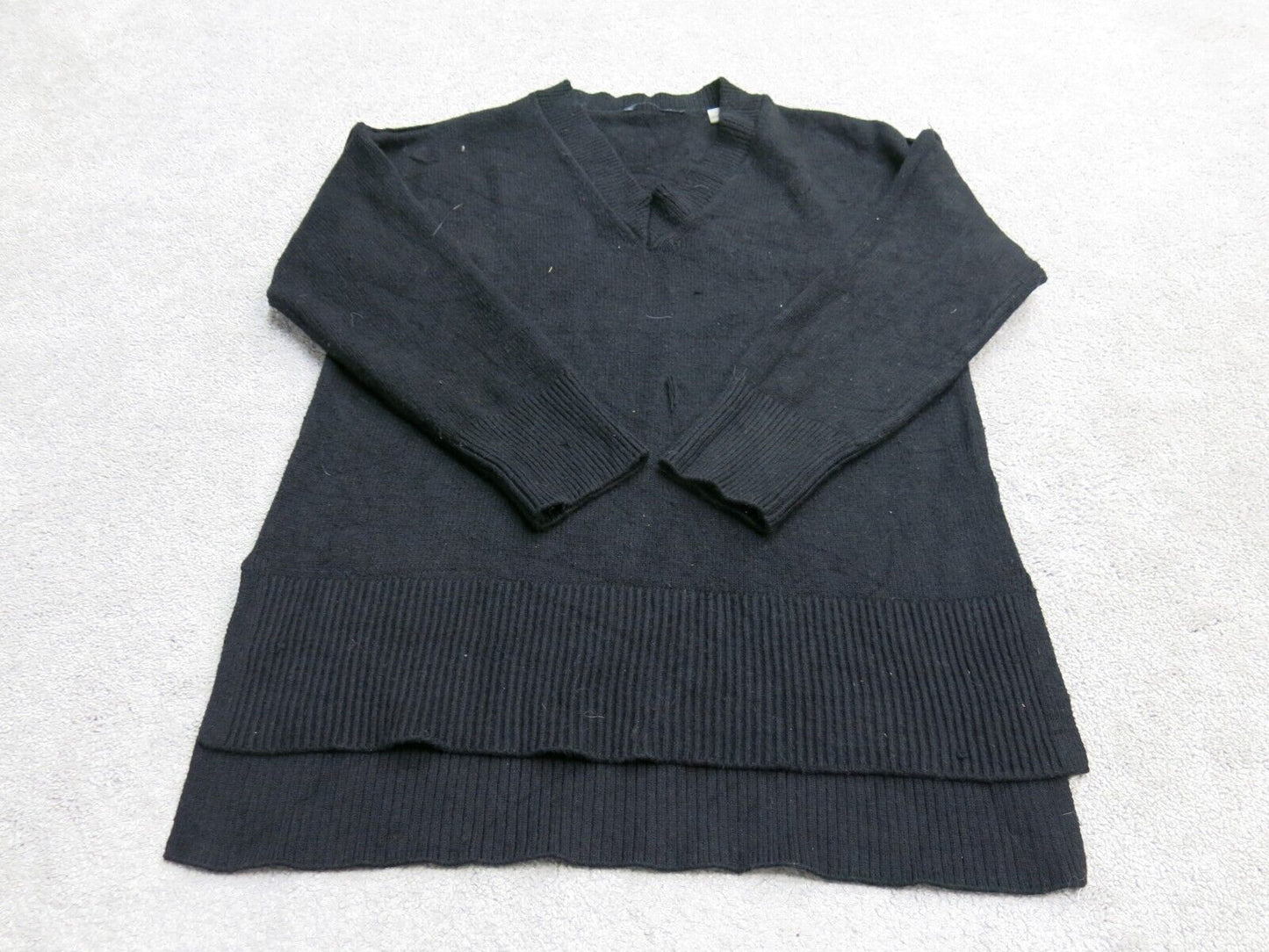 Tahari Women Pullover Knitted Sweater 3/4 Sleeve V Neck Hi Low Black Size Medium