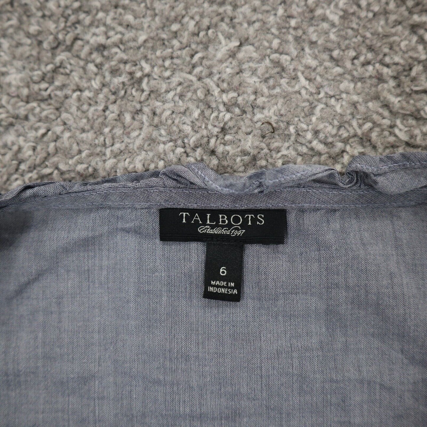 Talbots Womens Button Up Ruffle Blouse Top Round Neck 3/4 Sleeves Gray Size 6