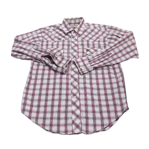 Wrangler Mens Button Up Shirt Plaid Pockets Long Sleeve Pink White Size Medium