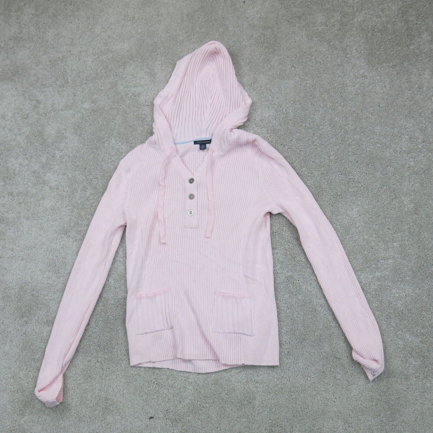 Tommy Hilfiger Womens Pullover Hooded Sweater Drawstring Pockets Light Pink SZ L