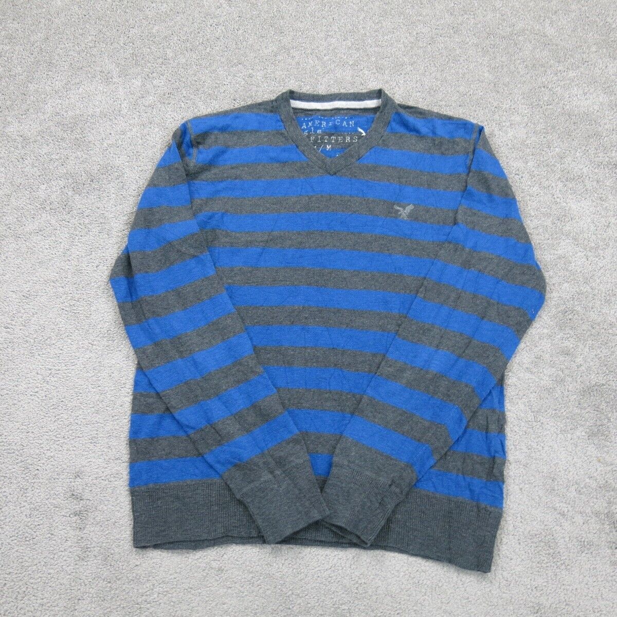 American Eagle Mens Striped Pullover Sweater V-Neck Long Sleeves Black Blue SZ M