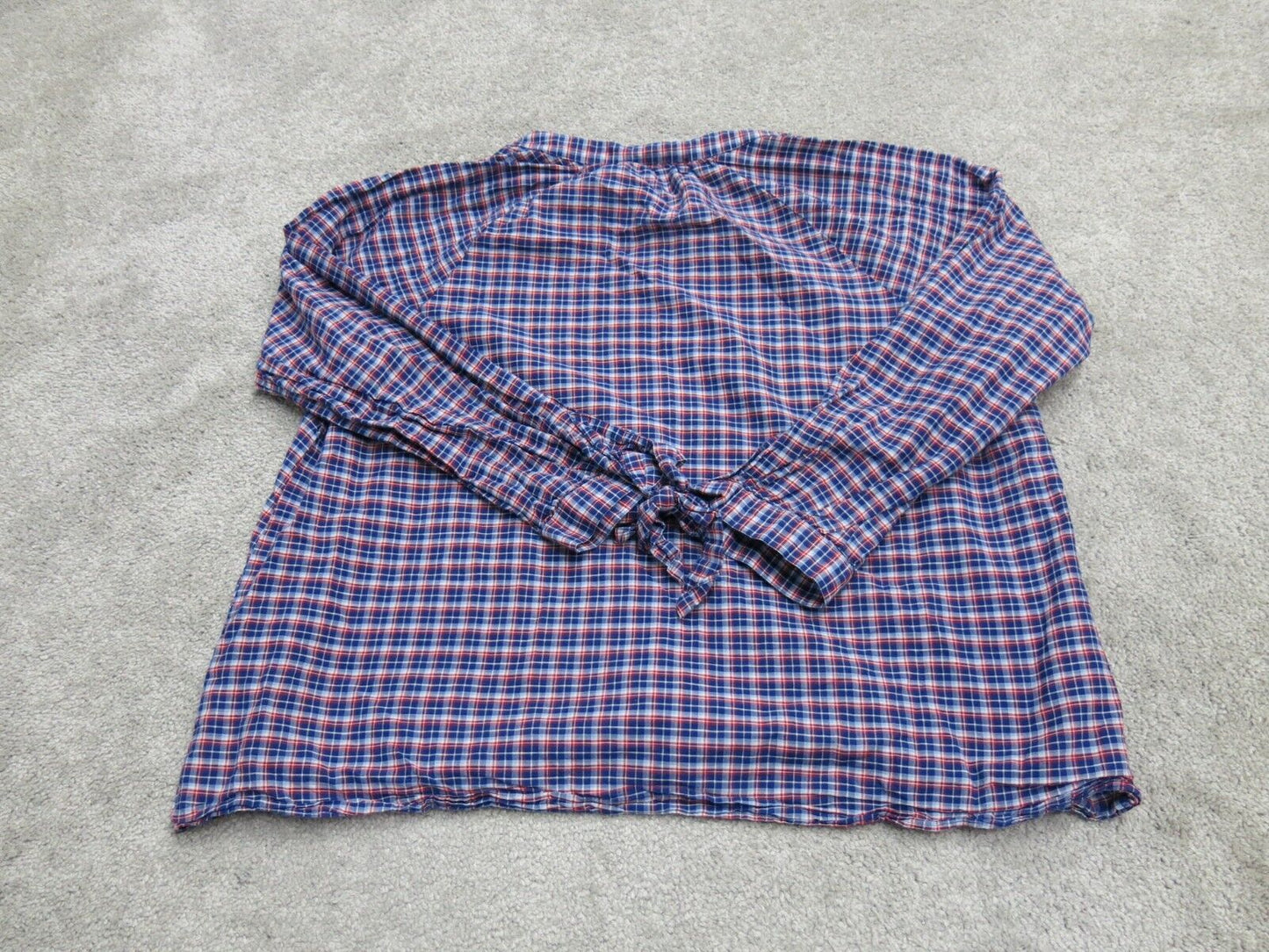Made Well Womens Blouse Top Tasseled Long Sleeves V Neck Plaid Blue Red SZ Small