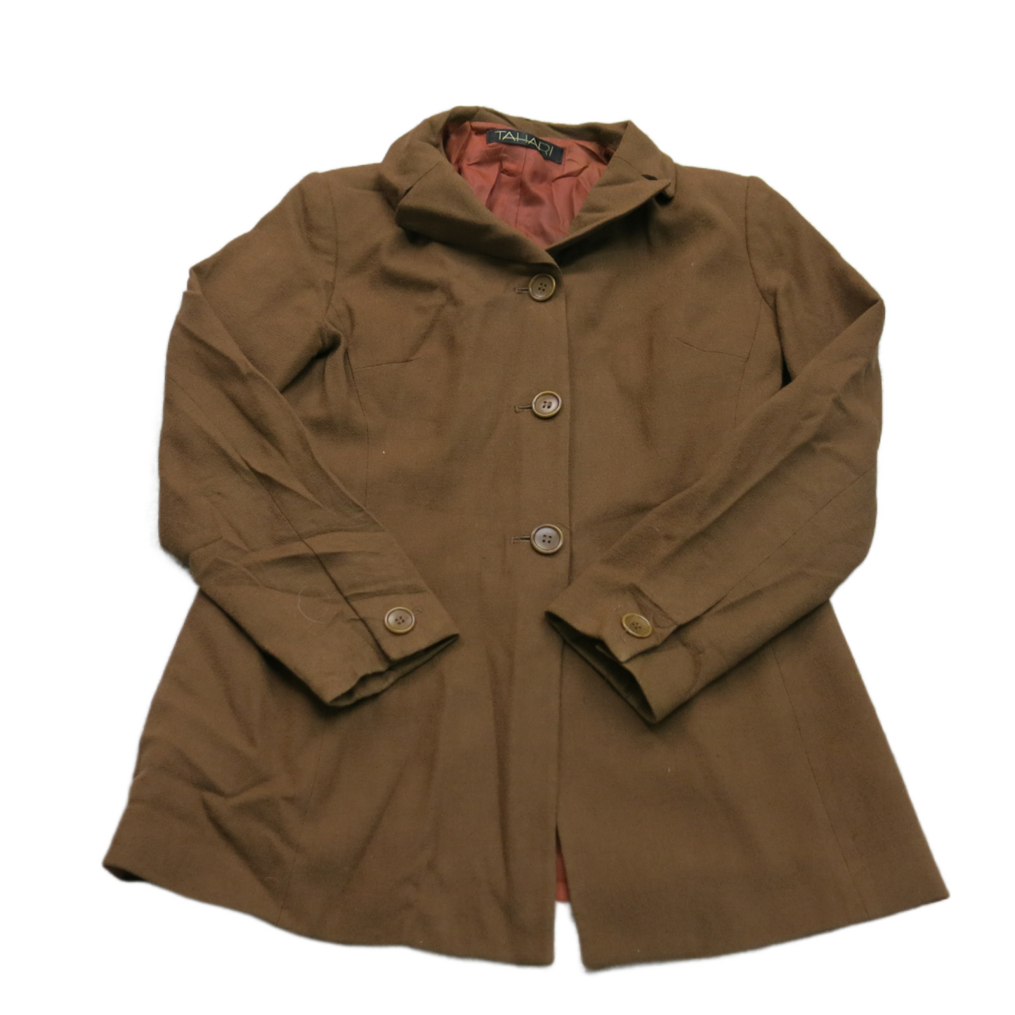 Tahari Womens Trench Coat Button Front Long Sleeve 100% Wool Brown Size 8