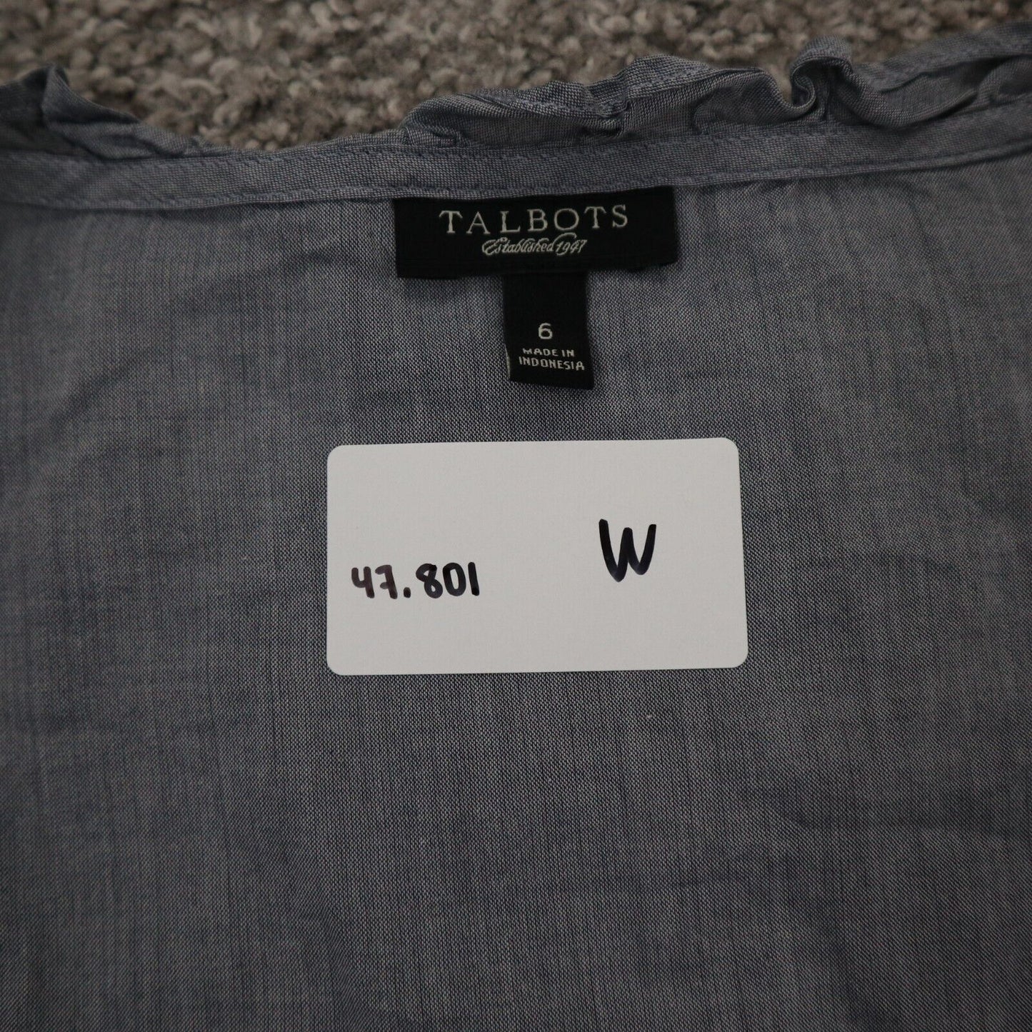 Talbots Womens Button Up Ruffle Blouse Top Round Neck 3/4 Sleeves Gray Size 6