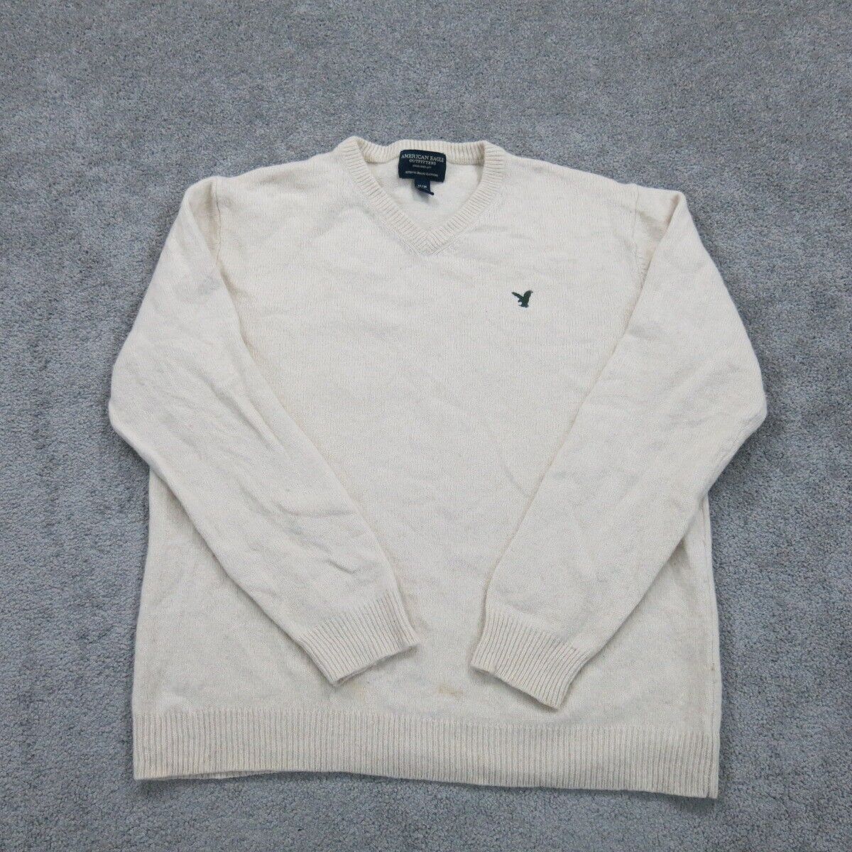 American Eagle Mens Pullover Sweater V-Neck Long Sleeve Ivory Size Medium
