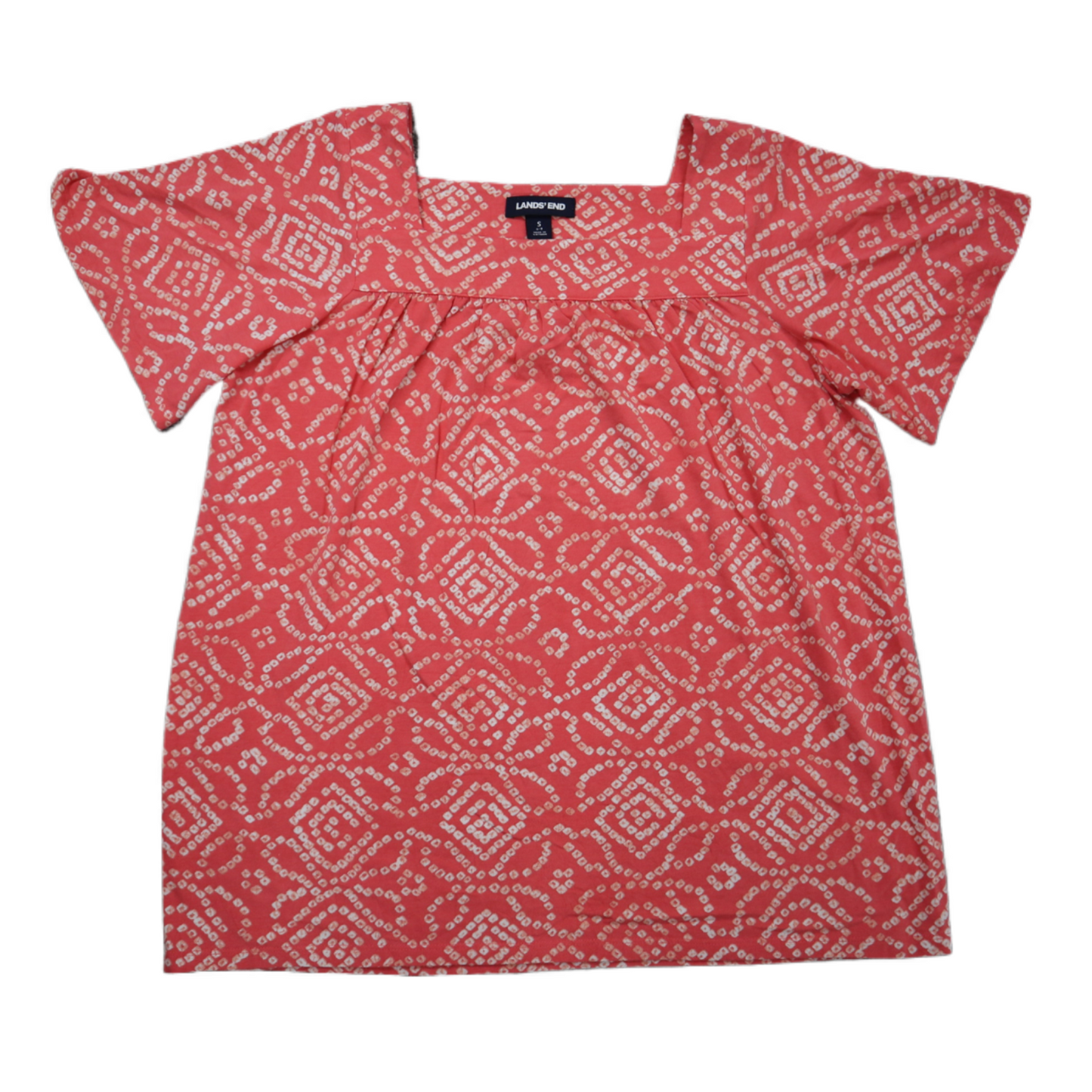 Lands End Womens Blouse Top Square Neck Short Sleeves Floral Orange Size Small