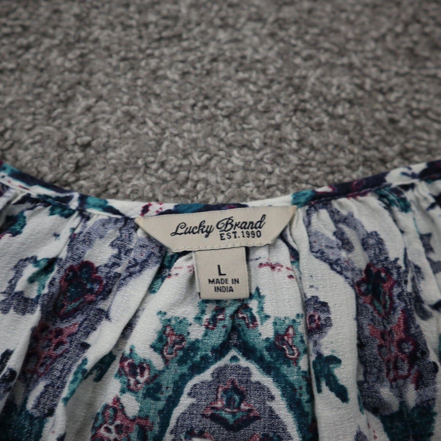 Lucky Brand Womens Floral Tunic Blouse Top Long Sleeve White Maroon Size Large