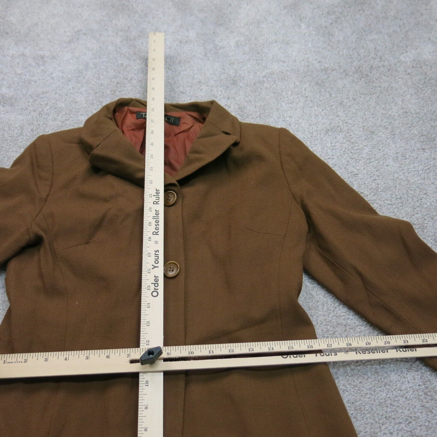 Tahari Womens Trench Coat Button Front Long Sleeve 100% Wool Brown Size 8