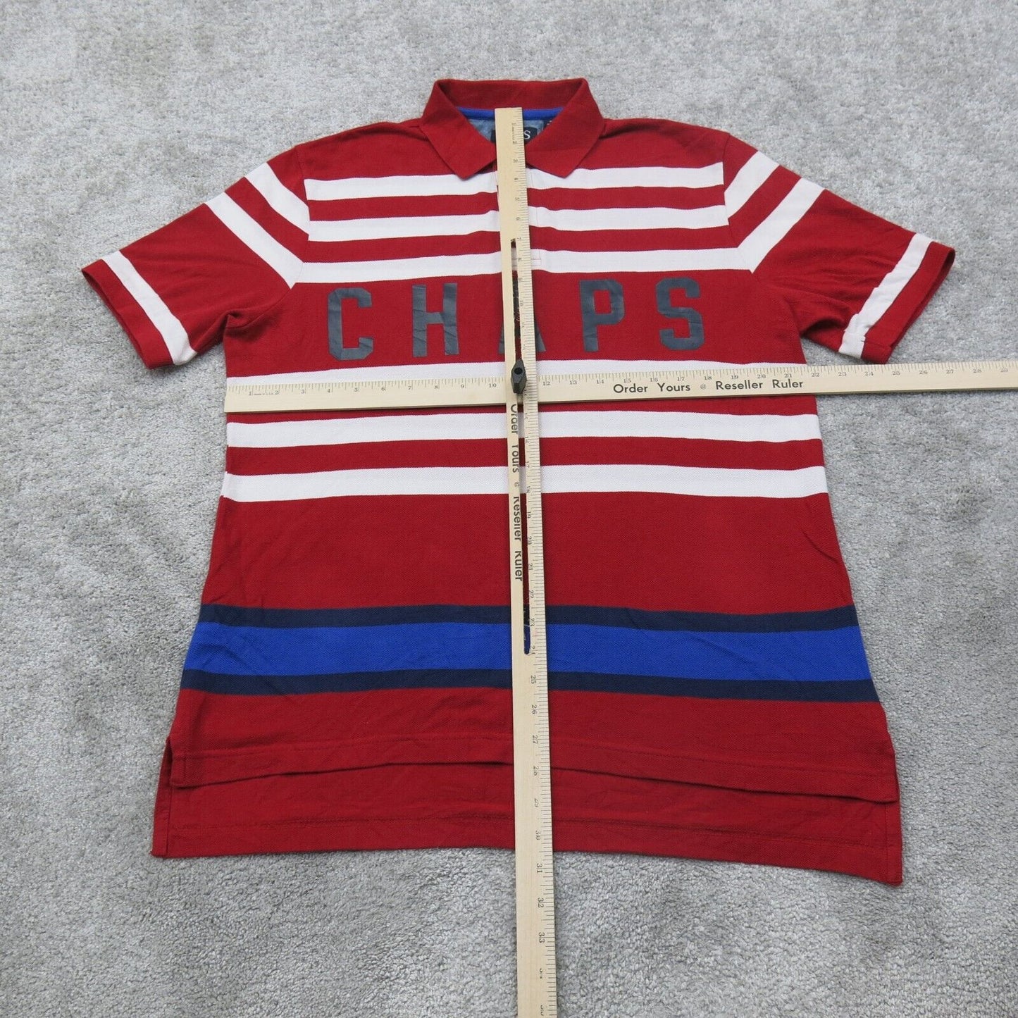 Chaps Mens Polo Shirt Short Sleeves Striped 100% Cotton Red Blue Size Medium