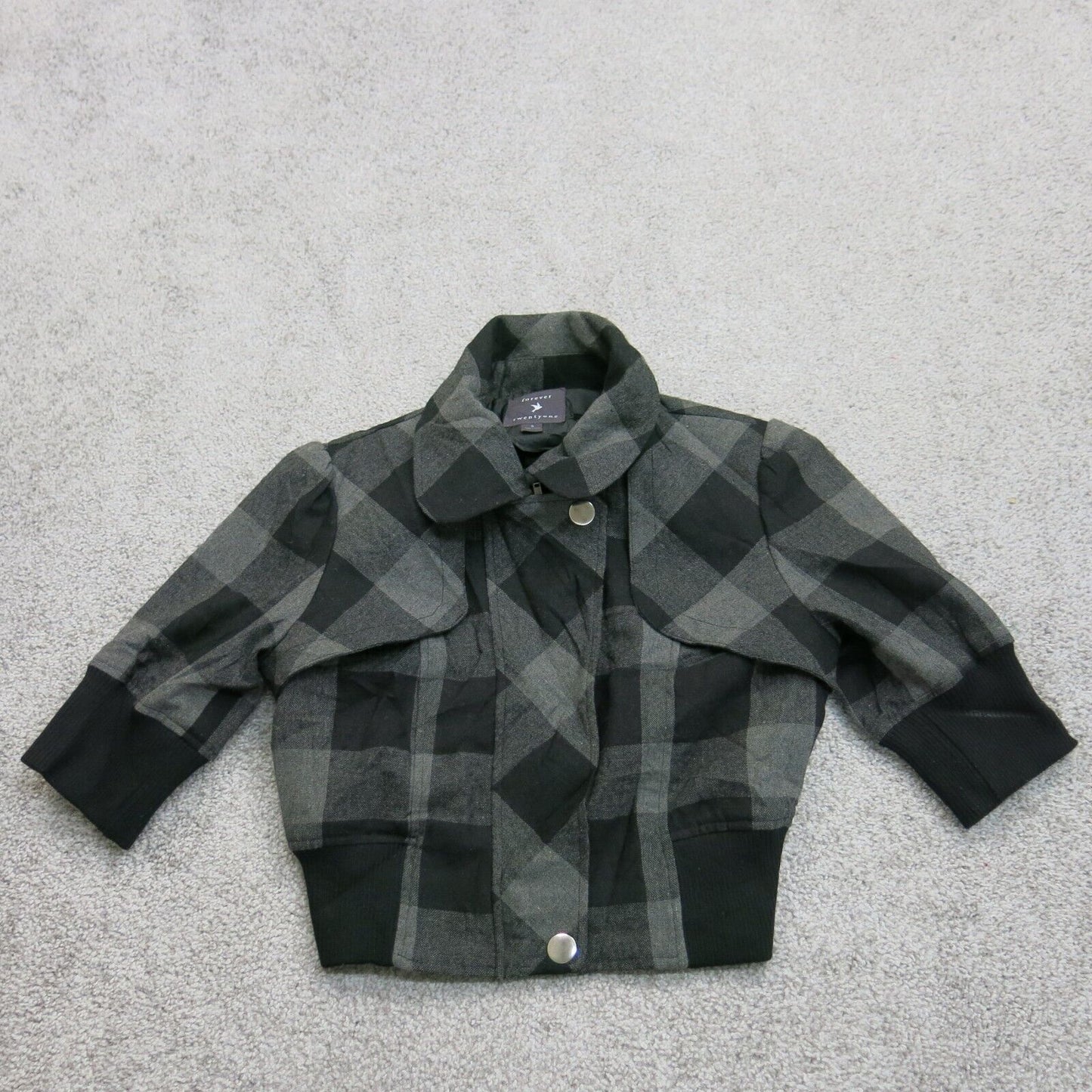 Forever 21 Womens Check Blazer Coat Jacket Ribbed Cuff & Hem Gray Black SZ Small
