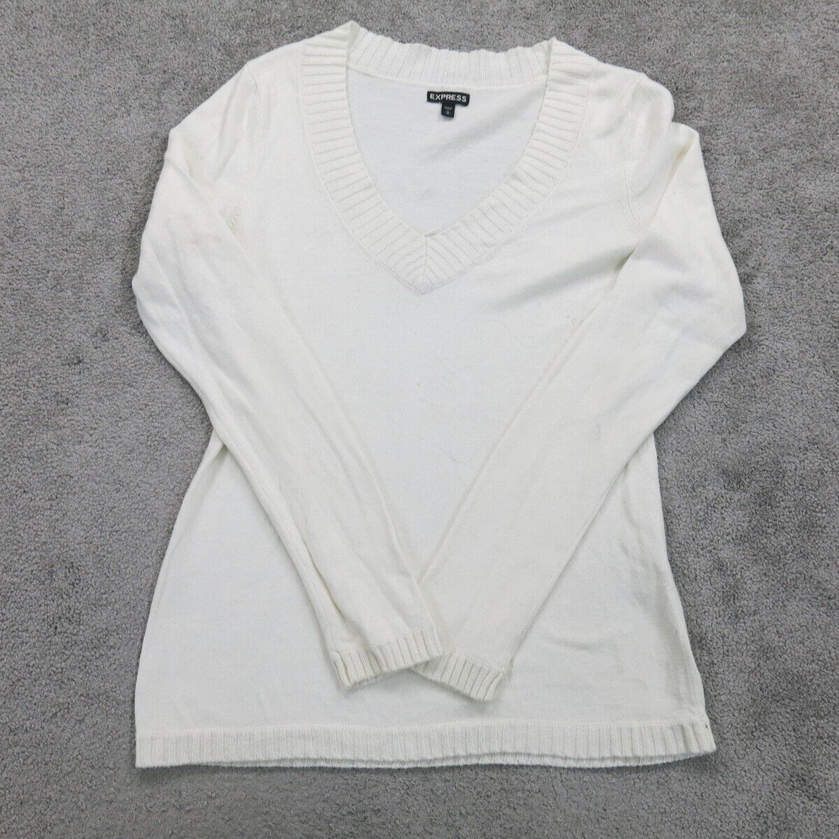 Express Womens Pullover Sweater Knitted V Neck Long Sleeves White Size Medium