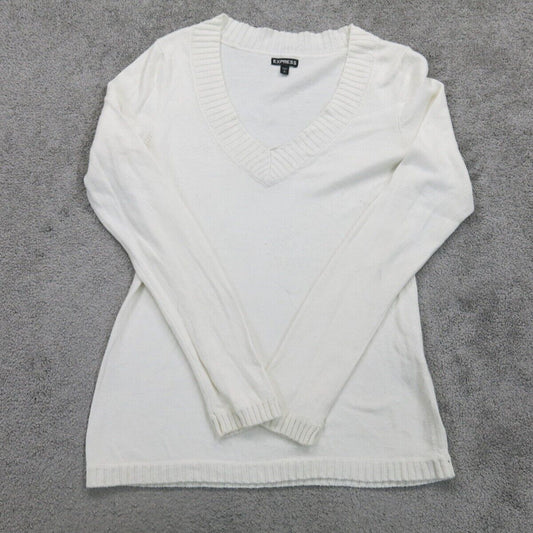 Express Womens Pullover Sweater Knitted V Neck Long Sleeves White Size Medium