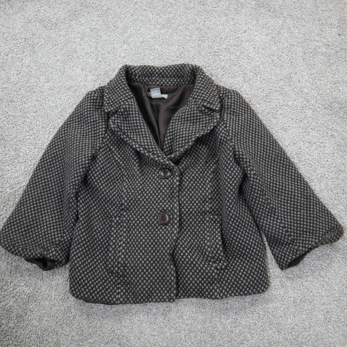 Ann Taylor Womens Tweed Coat Long Sleeves Front Button Pocket Black Gray Size 12
