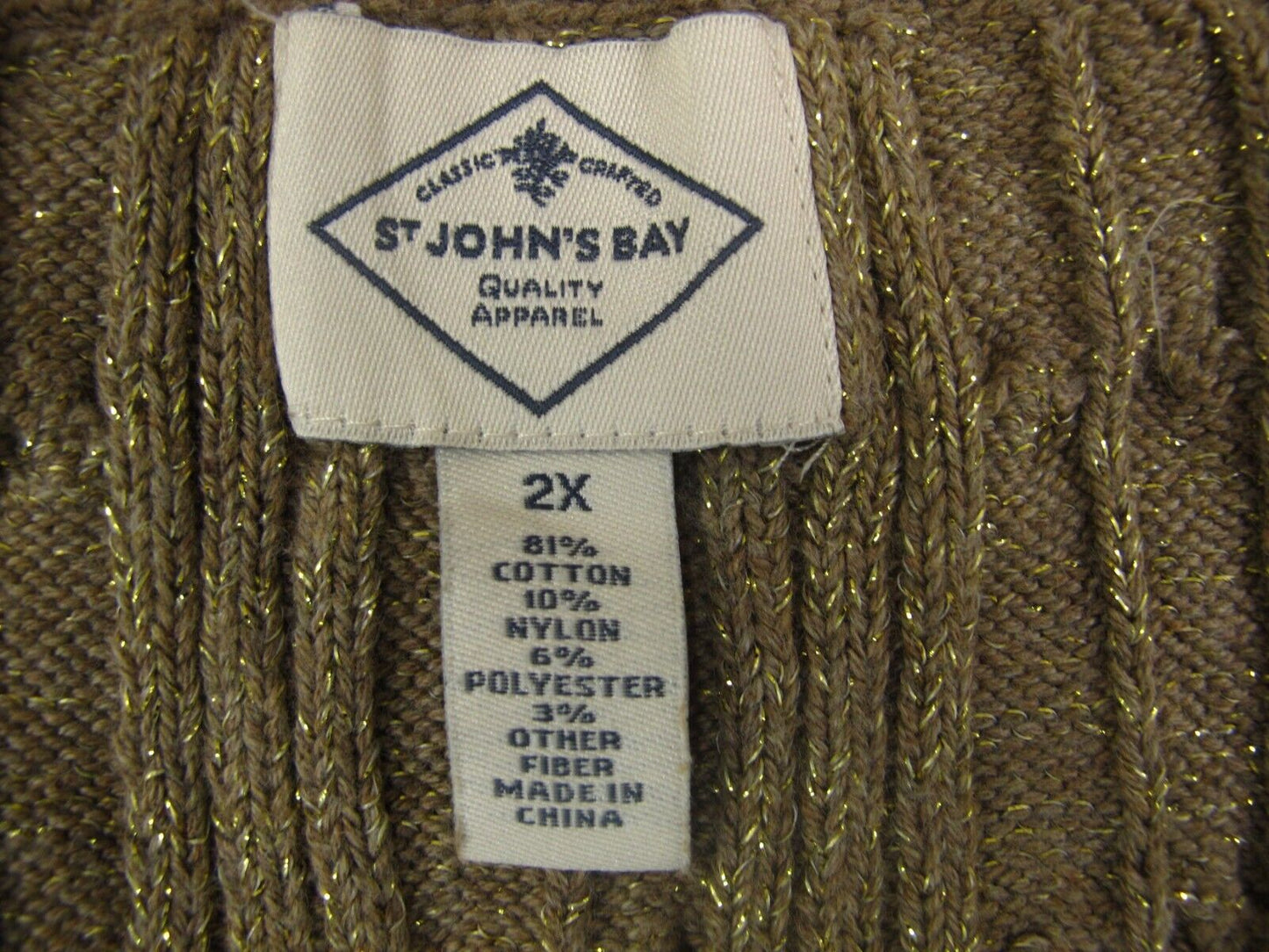 St Johns Bay Womens Pullover Sweater V Neck Long Sleeve Cotton Green Brown SZ 2X